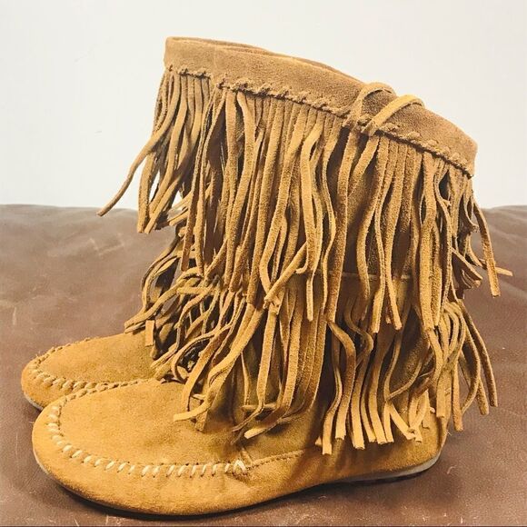 Minnetonka Tan Leather Fringed Moccasin Booties - Picture 1 of 8